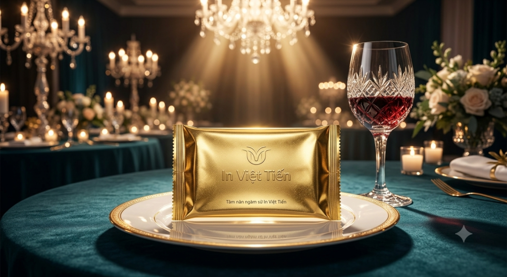 Mẫu vỏ khăn lạnh màng kẽm in logo trung tâm tiệc cưới màu vàng ánh kim (Gold Metallic) lấp lánh phản chiếu dưới đèn spotlight sảnh tiệc.